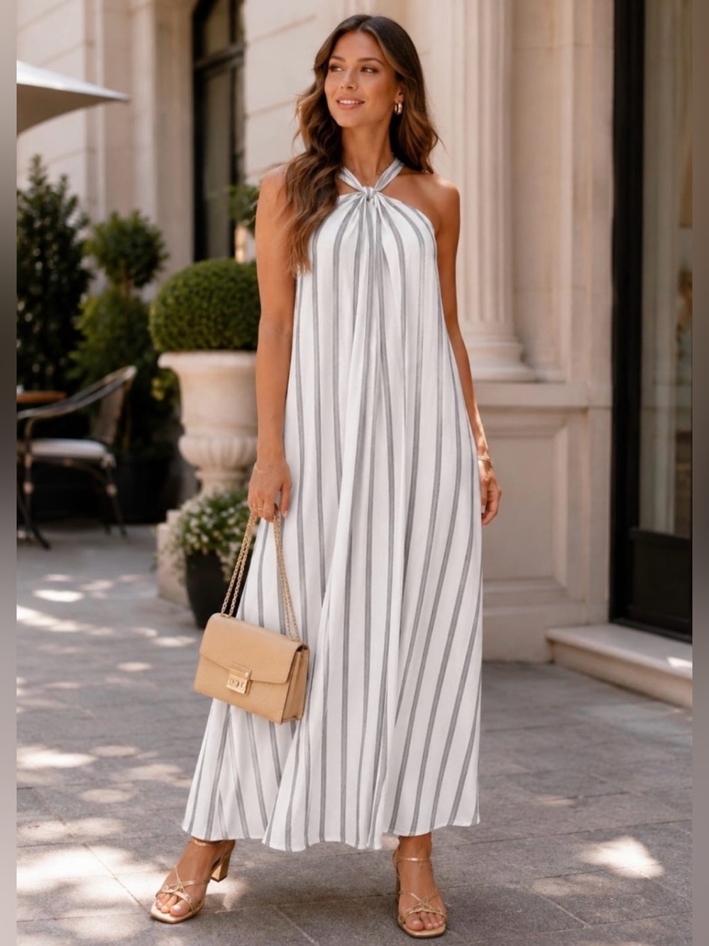 Sleeveless Striped Halter Maxi Dress in White and Black